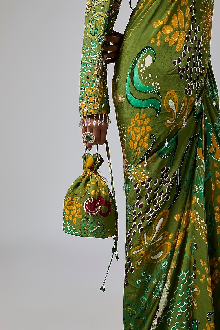Pear Green Georgette Featherfall Printed Draped Wedding Saree Set by DiyaRajvvir at Pernia's Pop Up Shop
