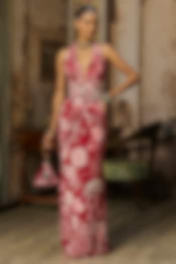 Scarlet Red Crepe Coral Veil Printed Slit Maxi Cocktail Dress  by DiyaRajvvir at Pernia's Pop Up Shop