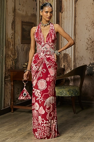 Scarlet Red Crepe Coral Veil Printed Slit Maxi Dress  by DiyaRajvvir