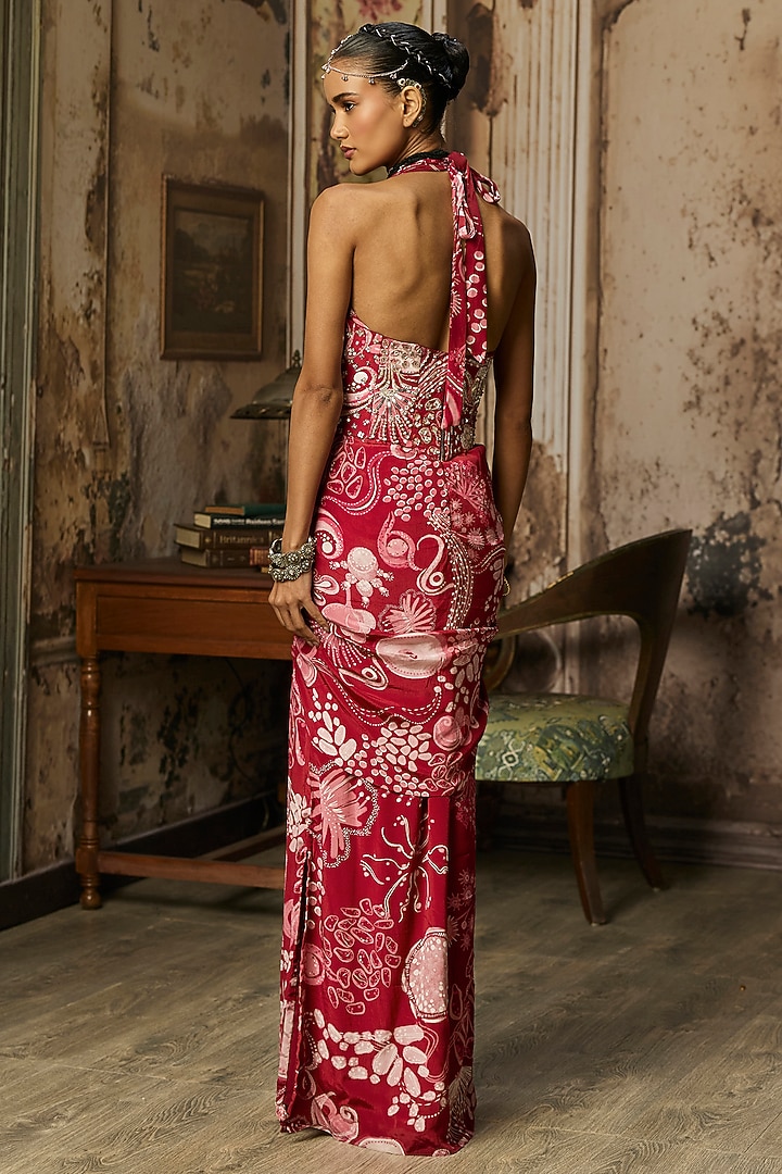 Scarlet Red Crepe Coral Veil Printed Slit Maxi Cocktail Dress by DiyaRajvvir at Pernia's Pop Up Shop