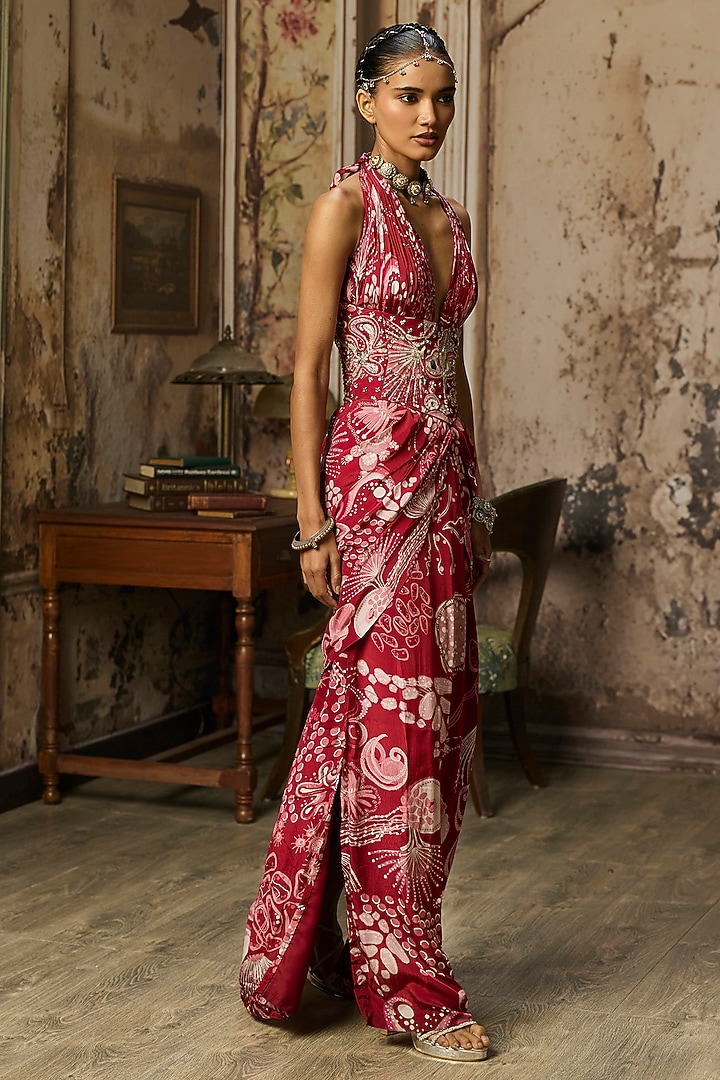 Scarlet Red Crepe Coral Veil Printed Slit Maxi Cocktail Dress by DiyaRajvvir at Pernia's Pop Up Shop