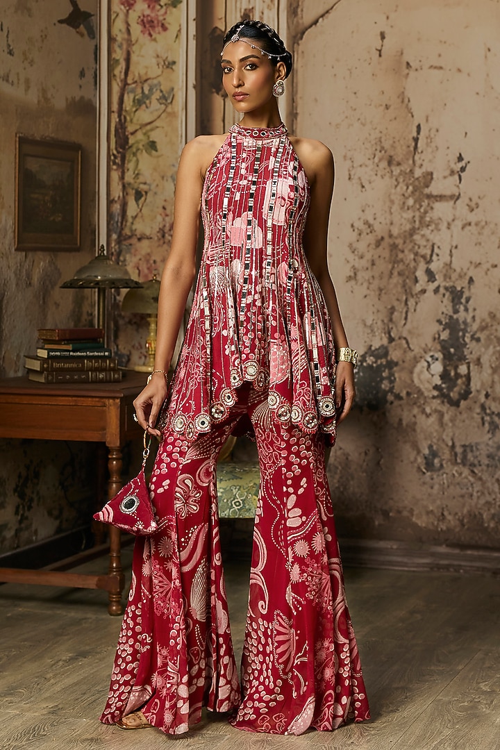 Scarlet Red Crepe Coral Veil Printed Bell-Bottom Pant Set by DiyaRajvvir at Pernia's Pop Up Shop