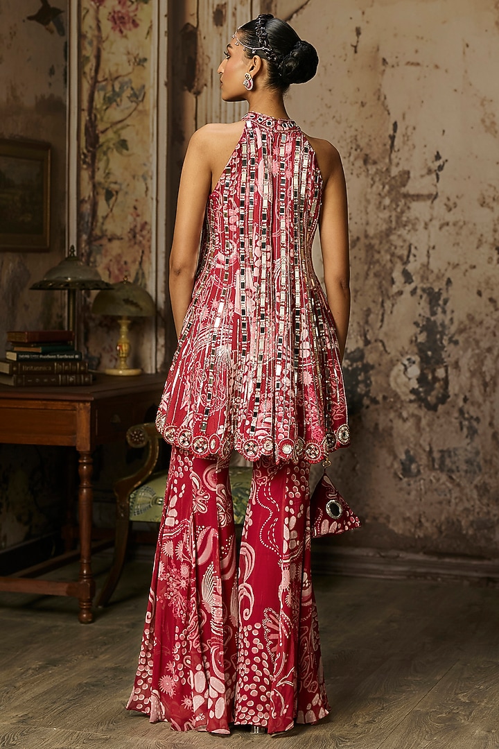 Scarlet Red Crepe Coral Veil Printed Bell-Bottom Pant Set by DiyaRajvvir at Pernia's Pop Up Shop