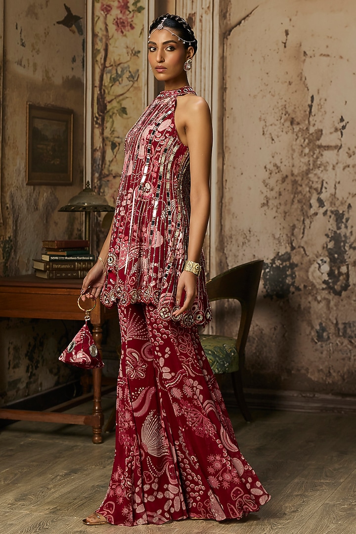 Scarlet Red Crepe Coral Veil Printed Bell-Bottom Pant Set by DiyaRajvvir at Pernia's Pop Up Shop