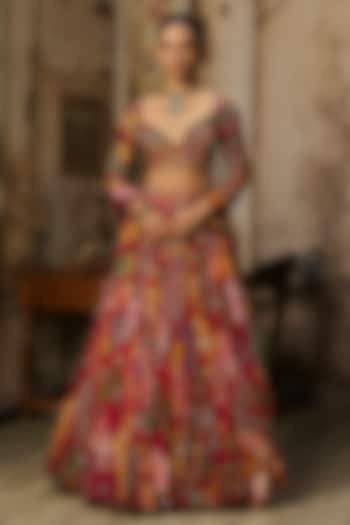 Deep Red Georgette Coral Veil Printed Wedding Lehenga Set by DiyaRajvvir at Pernia's Pop Up Shop