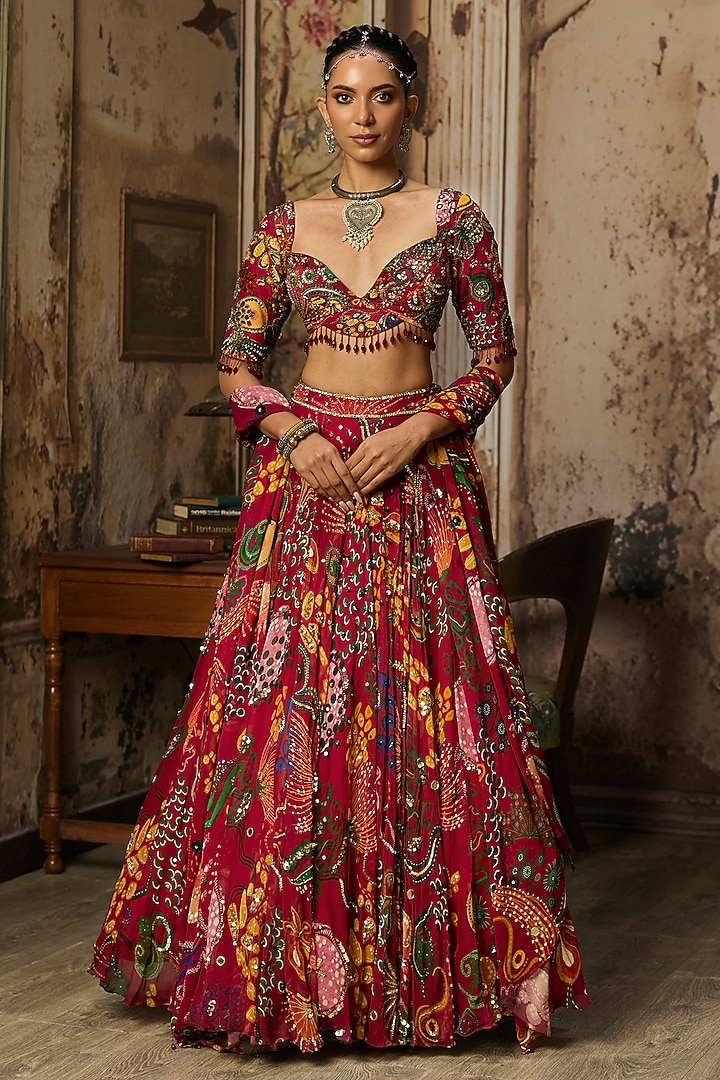 Deep Red Georgette Coral Veil Printed Wedding Lehenga Set by DiyaRajvvir at Pernia's Pop Up Shop