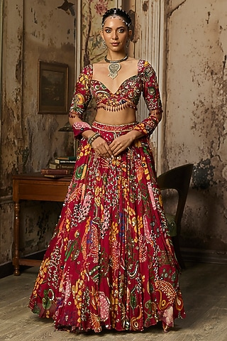 Deep Red Georgette Coral Veil Printed Lehenga Set by DiyaRajvvir