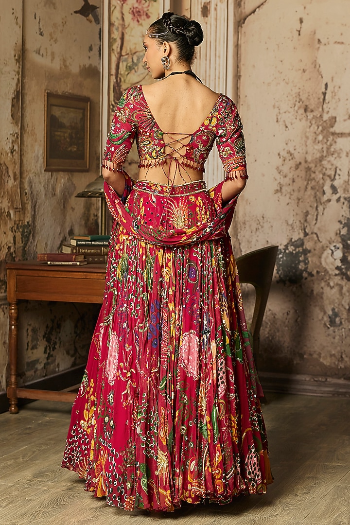Deep Red Georgette Coral Veil Printed Wedding Lehenga Set by DiyaRajvvir at Pernia's Pop Up Shop