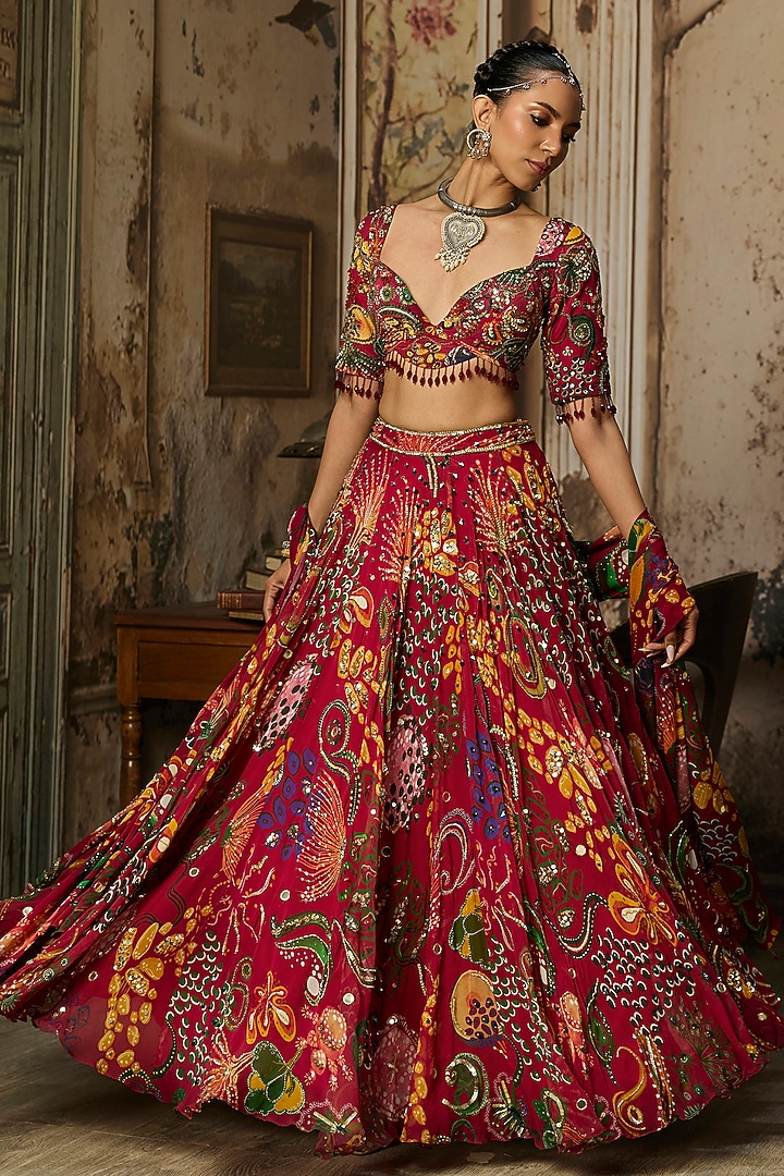Deep Red Georgette Coral Veil Printed Wedding Lehenga Set by DiyaRajvvir at Pernia's Pop Up Shop