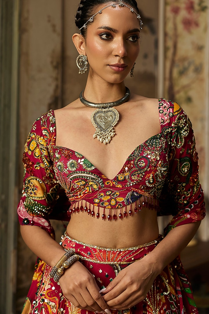 Deep Red Georgette Coral Veil Printed Wedding Lehenga Set by DiyaRajvvir at Pernia's Pop Up Shop
