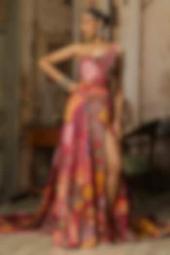 Deep Red Bemberg Satin Coral Veil Printed Skirt Set by DiyaRajvvir at Pernia's Pop Up Shop