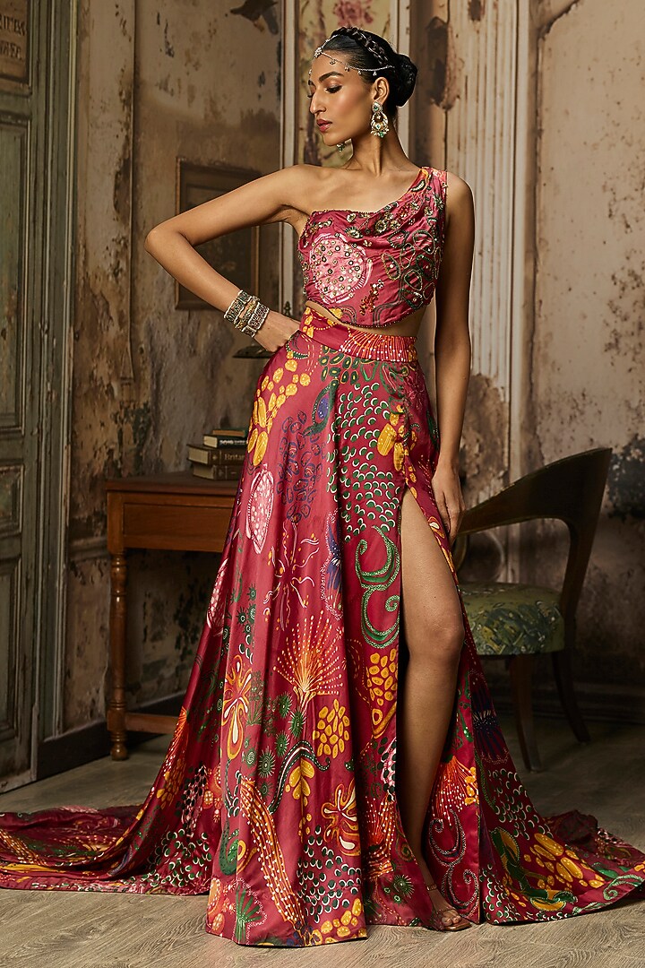 Deep Red Bemberg Satin Coral Veil Printed Skirt Set by DiyaRajvvir at Pernia's Pop Up Shop