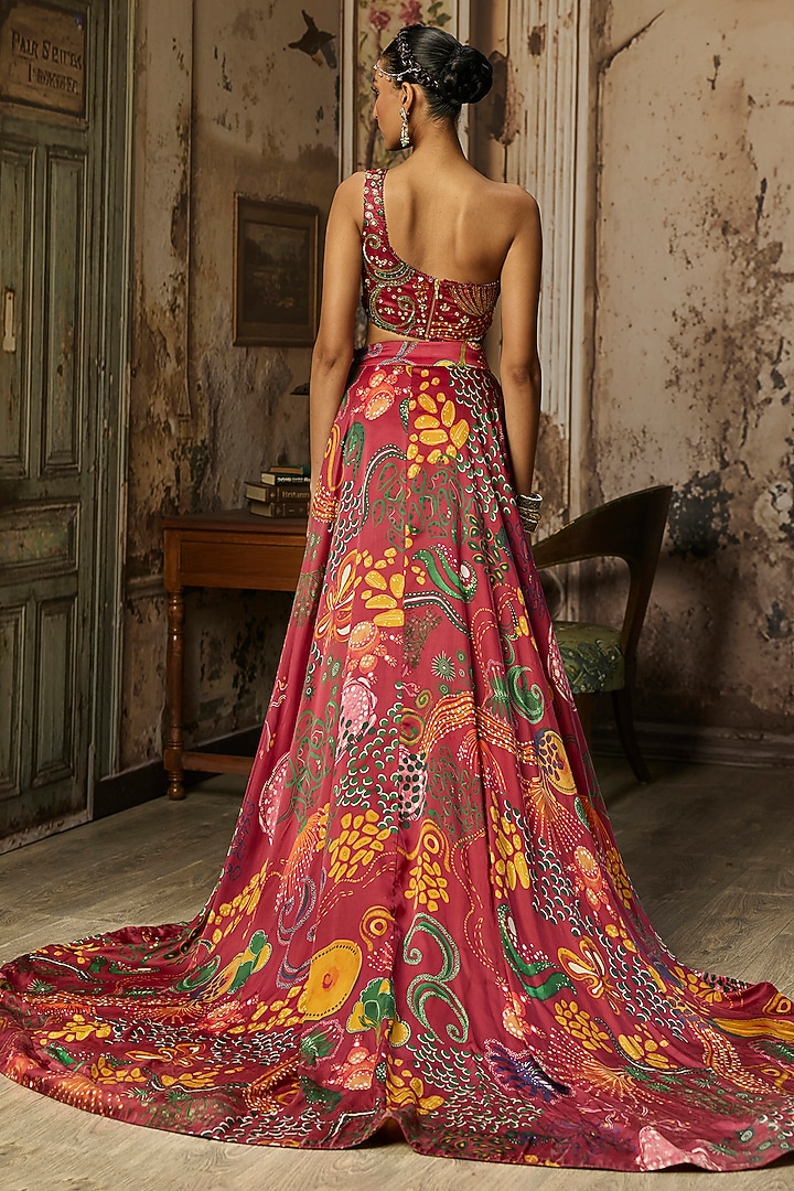 Deep Red Bemberg Satin Coral Veil Printed Skirt Set by DiyaRajvvir at Pernia's Pop Up Shop