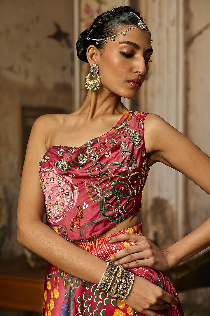 Deep Red Bemberg Satin Coral Veil Printed Skirt Set by DiyaRajvvir at Pernia's Pop Up Shop