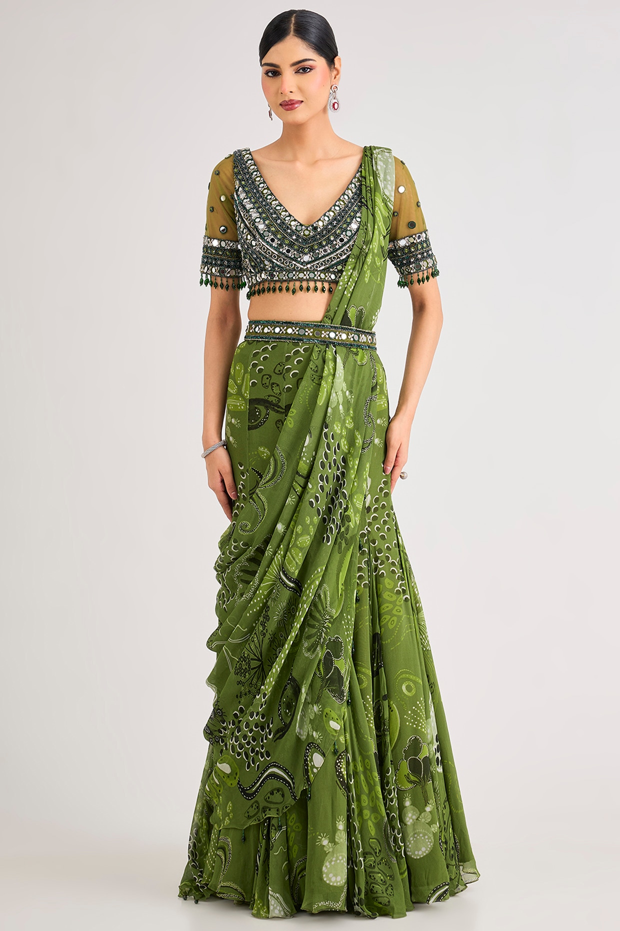 DiyaRajvvir Pear Green Georgette Veil Printed Mermaid Saree Set