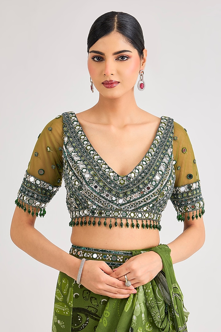 Pear Green Georgette Veil Printed Mermaid Wedding Saree Set by DiyaRajvvir at Pernia's Pop Up Shop