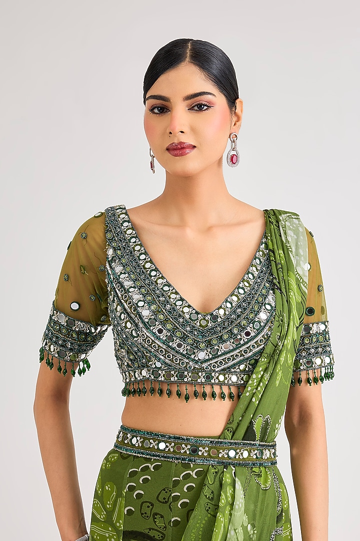 Pear Green Georgette Veil Printed Mermaid Wedding Saree Set by DiyaRajvvir at Pernia's Pop Up Shop