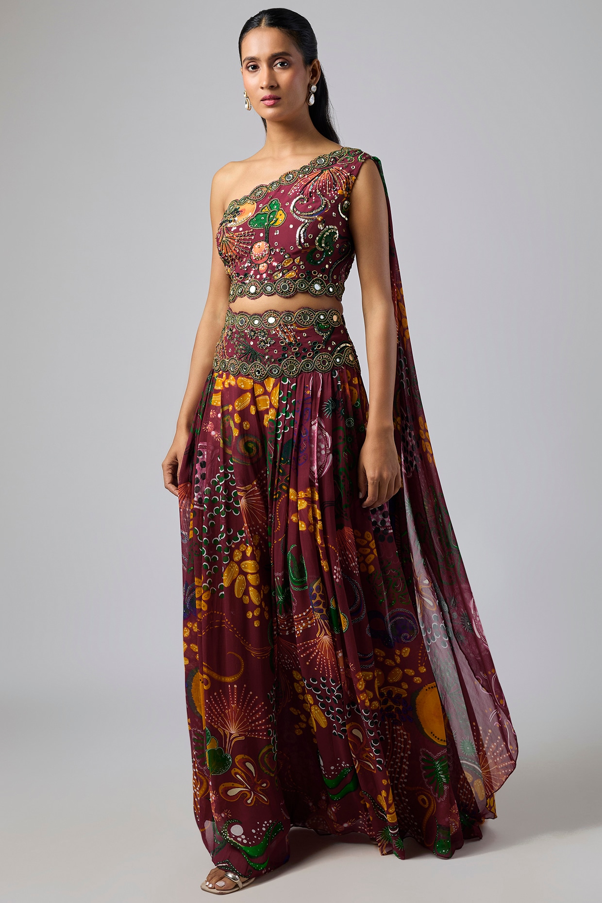 DiyaRajvvir Deep Red Georgette Coral Veil Printed Co-Ord Set