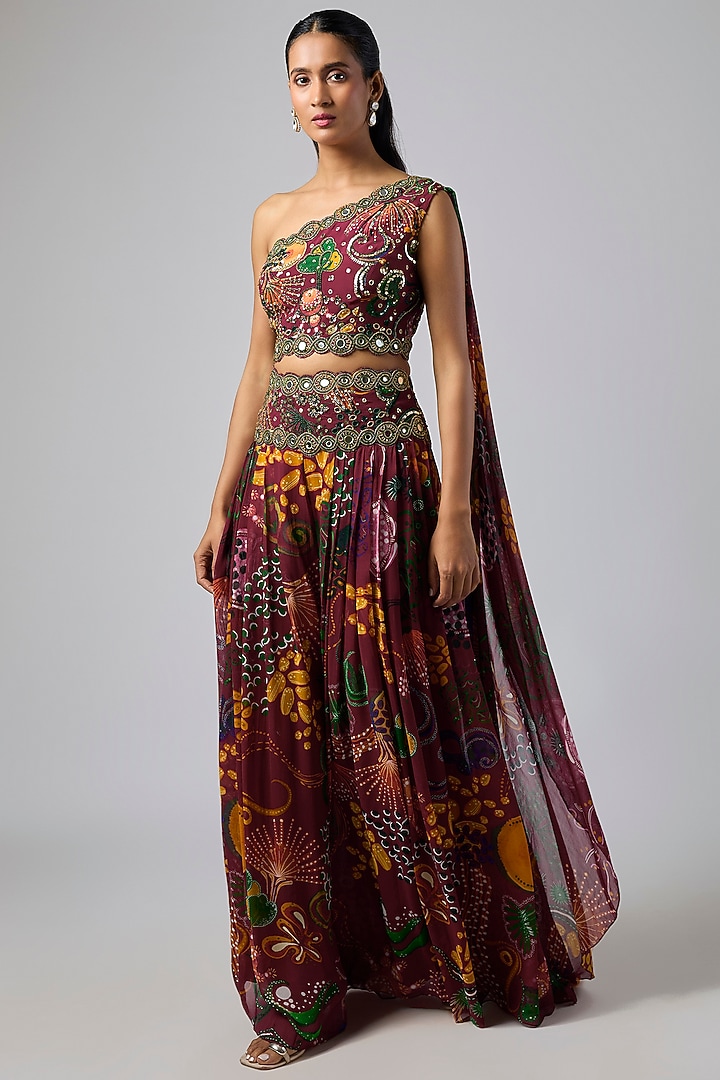 Deep Red Georgette Coral Veil Printed Co-Ord Set by DiyaRajvvir at Pernia's Pop Up Shop