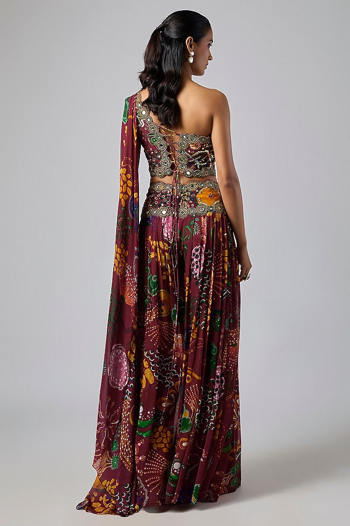 Deep Red Georgette Coral Veil Printed Co-Ord Set by DiyaRajvvir at Pernia's Pop Up Shop