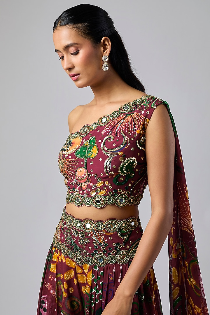 Deep Red Georgette Coral Veil Printed Co-Ord Set by DiyaRajvvir at Pernia's Pop Up Shop