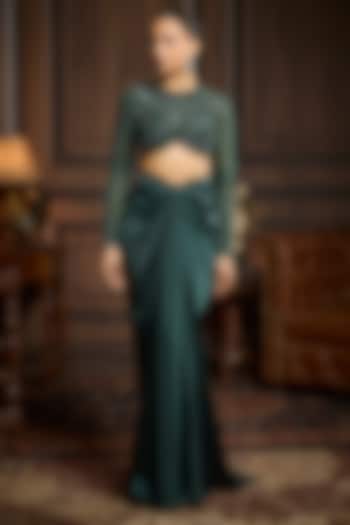 Emerald Green Armani Satin Skirt Set by DiyaRajvvir at Pernia's Pop Up Shop