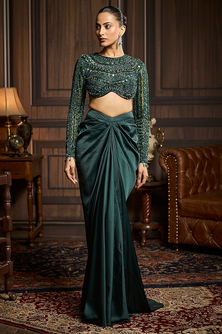 Emerald Green Armani Satin Skirt Set by DiyaRajvvir at Pernia's Pop Up Shop