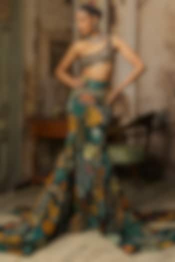 Dark Green Crepe Coral Veil Printed Fishtail Skirt Set by DiyaRajvvir at Pernia's Pop Up Shop