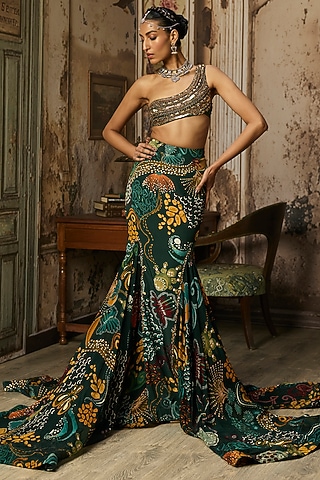 Dark Green Crepe Coral Veil Printed Fishtail Skirt Set by DiyaRajvvir