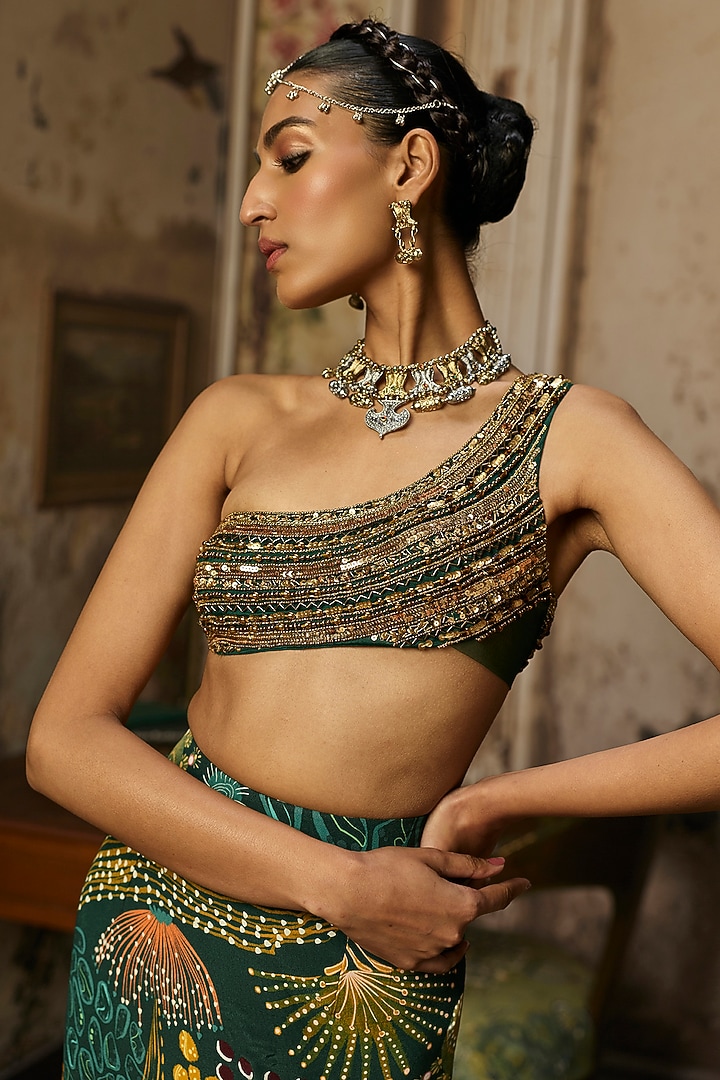 Dark Green Crepe Coral Veil Printed Fishtail Skirt Set by DiyaRajvvir at Pernia's Pop Up Shop
