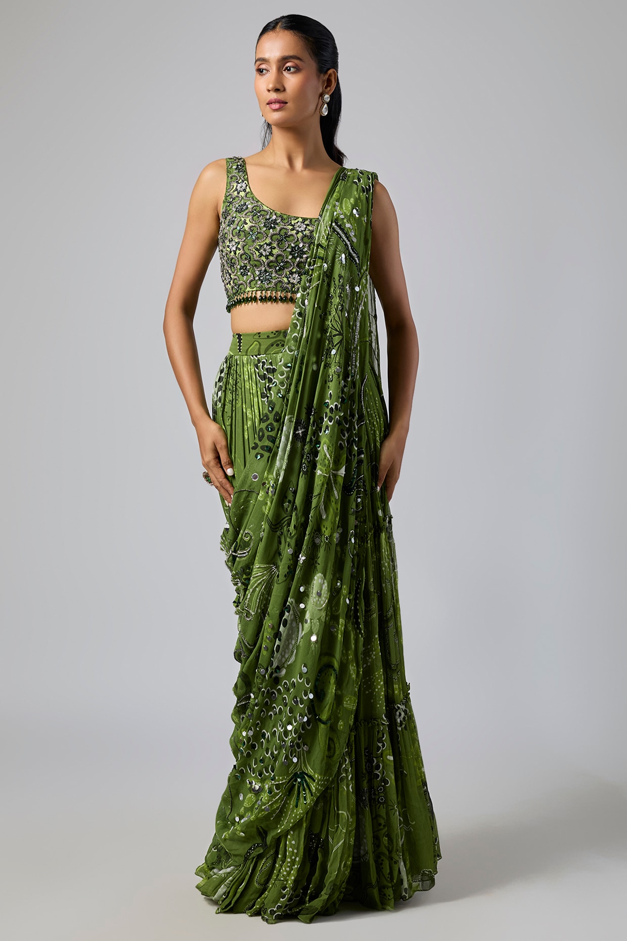 DiyaRajvvir Pear Green Georgette Coral Veil Printed Draped Saree Set