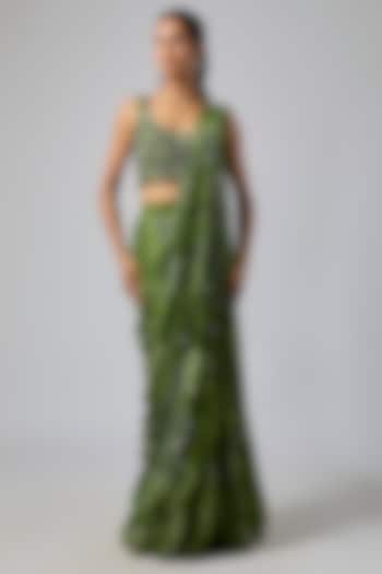 Pear Green Georgette Coral Veil Printed Draped Wedding Saree Set by DiyaRajvvir at Pernia's Pop Up Shop