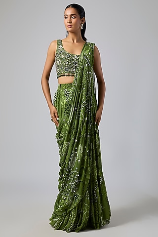 Pear Green Georgette Coral Veil Printed Draped Saree Set by DiyaRajvvir