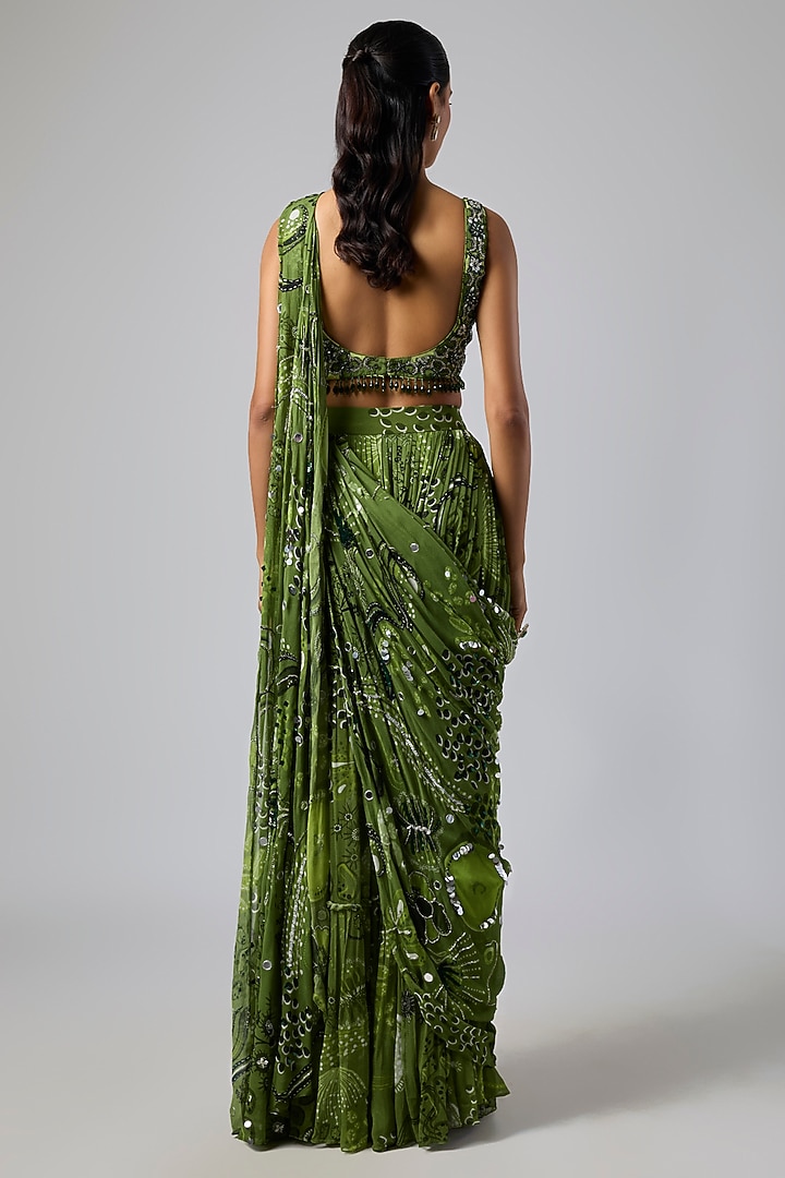 Pear Green Georgette Coral Veil Printed Draped Wedding Saree Set by DiyaRajvvir at Pernia's Pop Up Shop