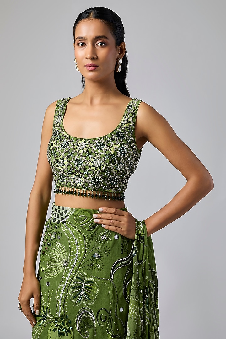 Pear Green Georgette Coral Veil Printed Draped Wedding Saree Set by DiyaRajvvir at Pernia's Pop Up Shop