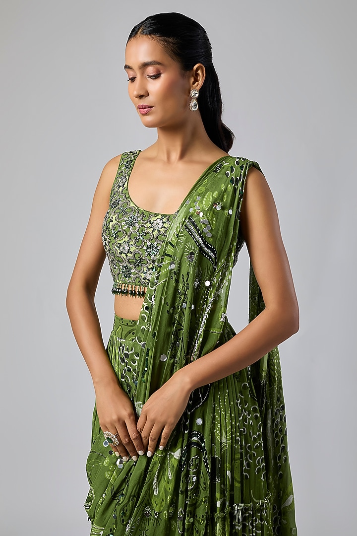 Pear Green Georgette Coral Veil Printed Draped Wedding Saree Set by DiyaRajvvir at Pernia's Pop Up Shop