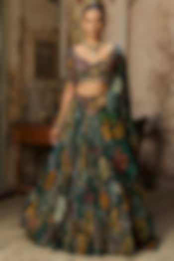 Dark Green Crepe Coral Veil Printed Wedding Lehenga Set by DiyaRajvvir at Pernia's Pop Up Shop