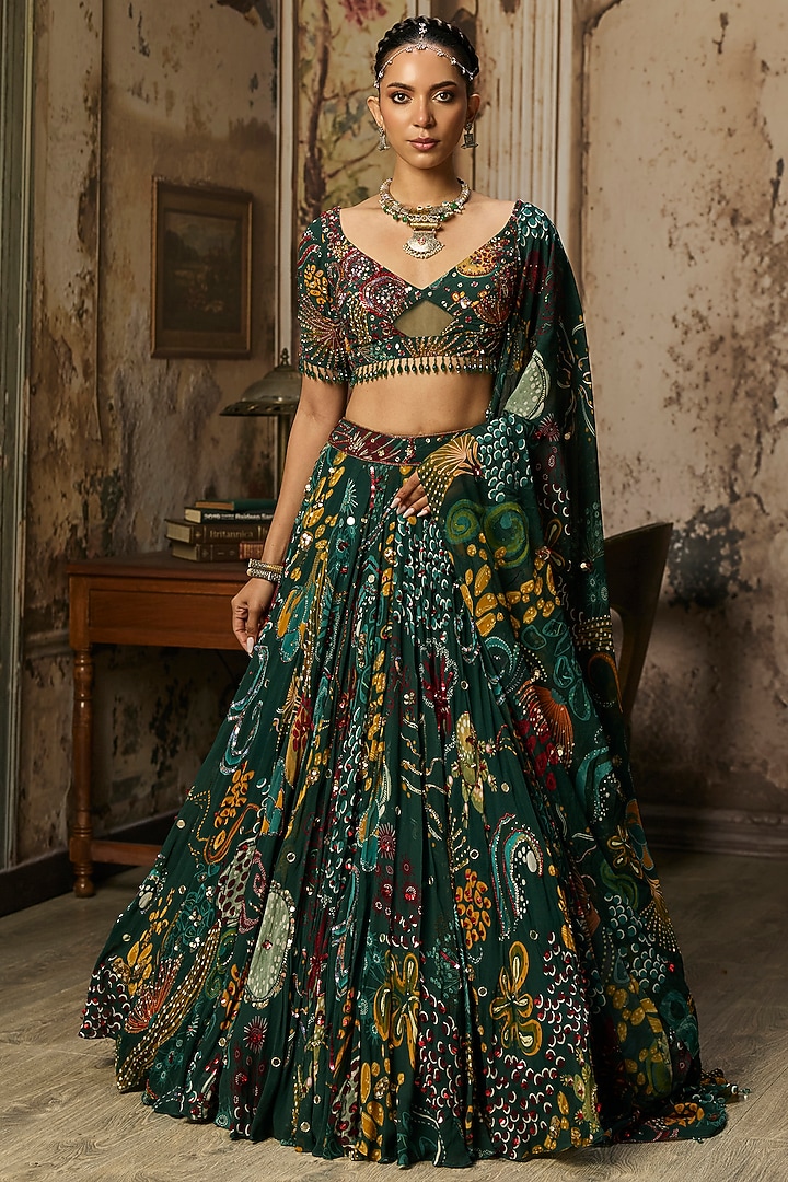 Dark Green Crepe Coral Veil Printed Wedding Lehenga Set by DiyaRajvvir at Pernia's Pop Up Shop