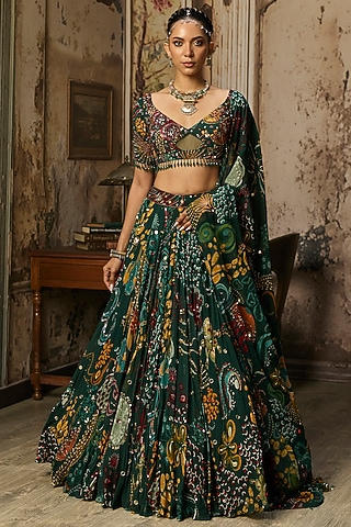 Dark Green Crepe Coral Veil Printed Lehenga Set by DiyaRajvvir