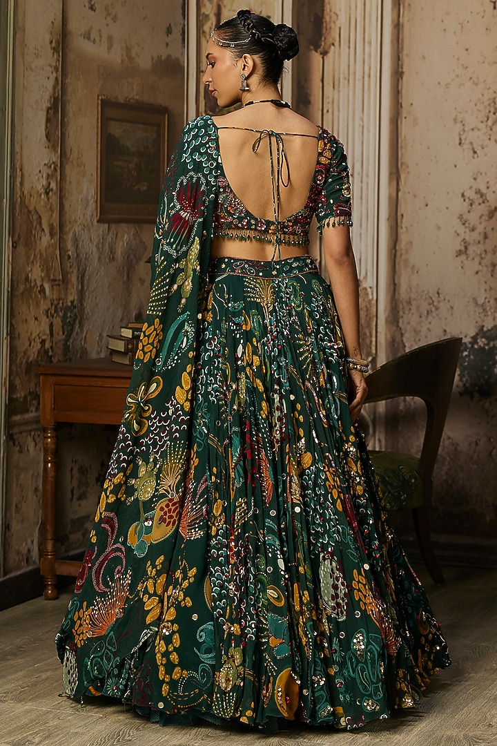 Dark Green Crepe Coral Veil Printed Wedding Lehenga Set by DiyaRajvvir at Pernia's Pop Up Shop