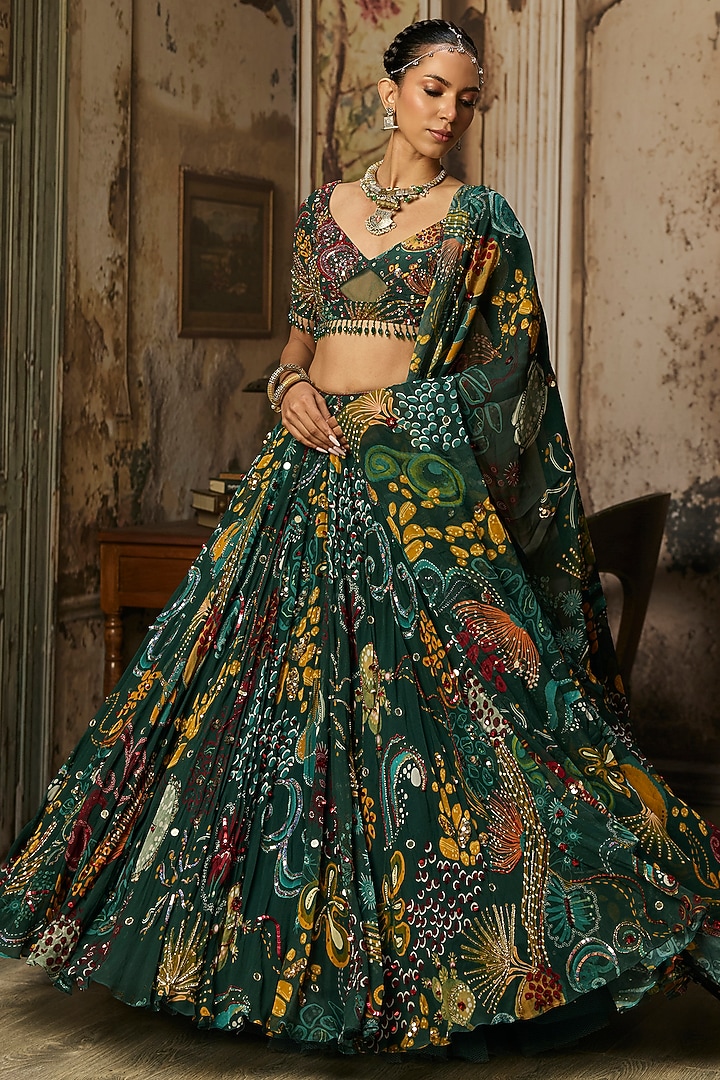 Dark Green Crepe Coral Veil Printed Wedding Lehenga Set by DiyaRajvvir at Pernia's Pop Up Shop