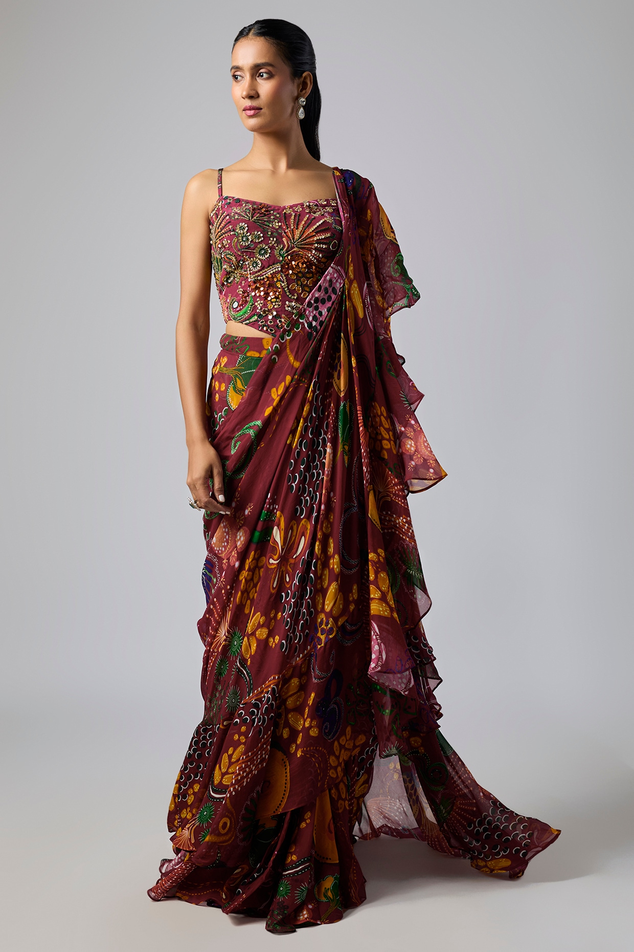 DiyaRajvvir Deep Red Georgette Coral Veil Printed Ruffled Skirt Saree Set