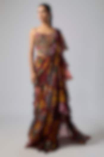 Deep Red Georgette Coral Veil Printed Ruffled Skirt Wedding Saree Set by DiyaRajvvir at Pernia's Pop Up Shop
