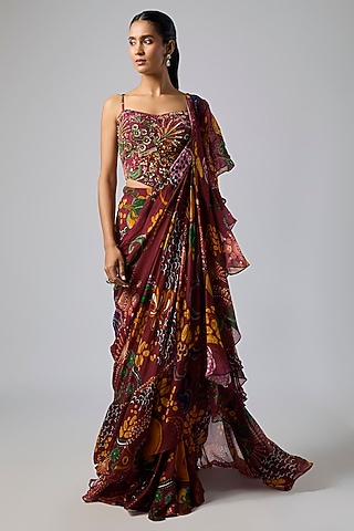 Deep Red Georgette Coral Veil Printed Ruffled Skirt Saree Set by DiyaRajvvir