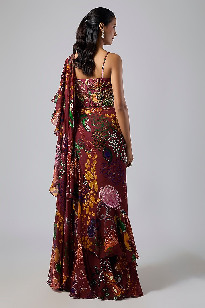 Deep Red Georgette Coral Veil Printed Ruffled Skirt Wedding Saree Set by DiyaRajvvir at Pernia's Pop Up Shop