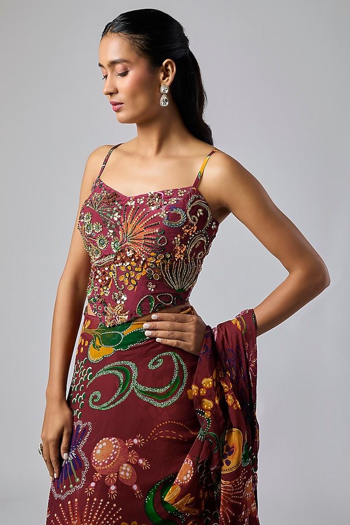 Deep Red Georgette Coral Veil Printed Ruffled Skirt Wedding Saree Set by DiyaRajvvir at Pernia's Pop Up Shop