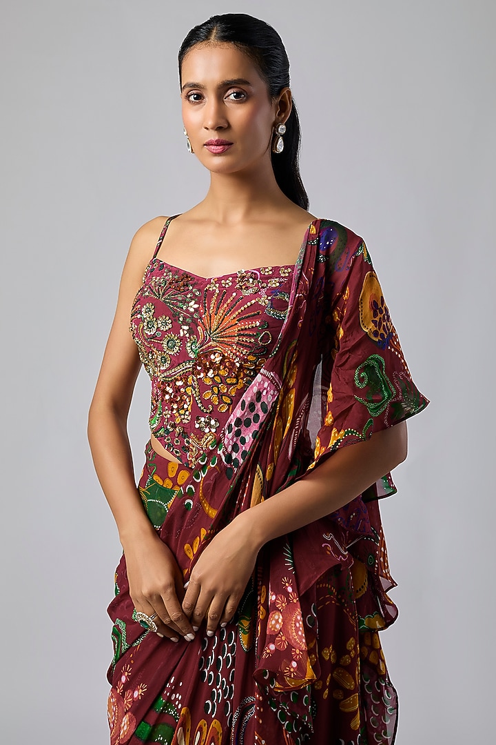 Deep Red Georgette Coral Veil Printed Ruffled Skirt Wedding Saree Set by DiyaRajvvir at Pernia's Pop Up Shop