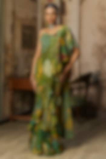 Pear Green Crepe Coral Veil Printed Ruffled Skirt Wedding Saree Set by DiyaRajvvir at Pernia's Pop Up Shop