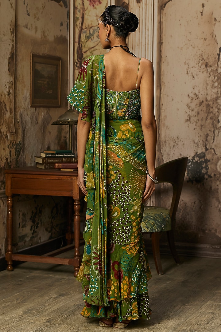 Pear Green Crepe Coral Veil Printed Ruffled Skirt Wedding Saree Set by DiyaRajvvir at Pernia's Pop Up Shop