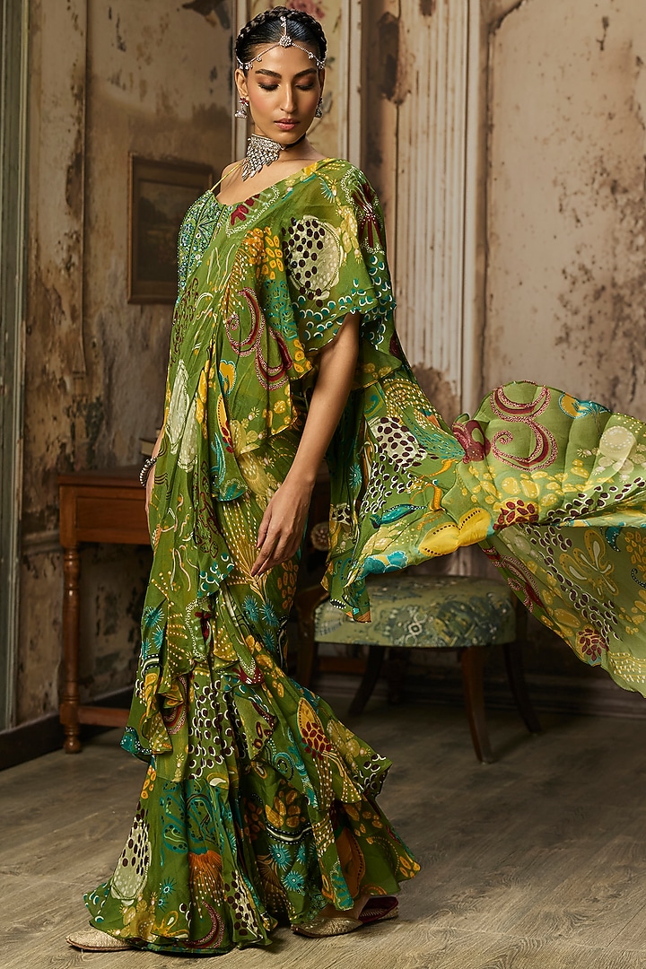 Pear Green Crepe Coral Veil Printed Ruffled Skirt Wedding Saree Set by DiyaRajvvir at Pernia's Pop Up Shop